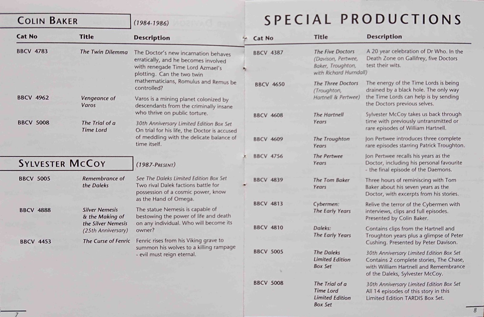 Other pages of catalogue Doctor Who 30th anniversary - The complete BBC Video and BBC radio collection catalogue 1993